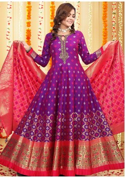  Purple And Pink Banarasi Silk  Exclusive Gown